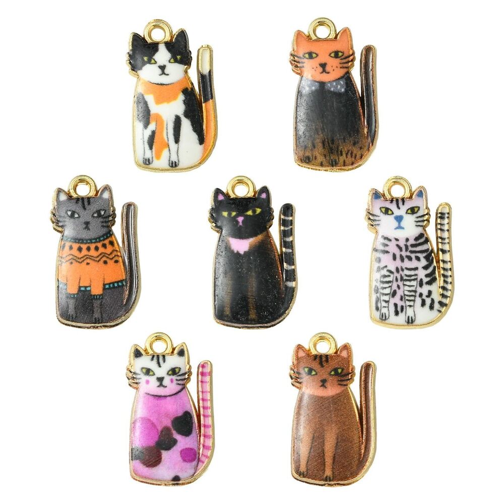 4136 35 Pcs 7 Colors Enamel Cat Charms for Jewelry Making Colorful Printed